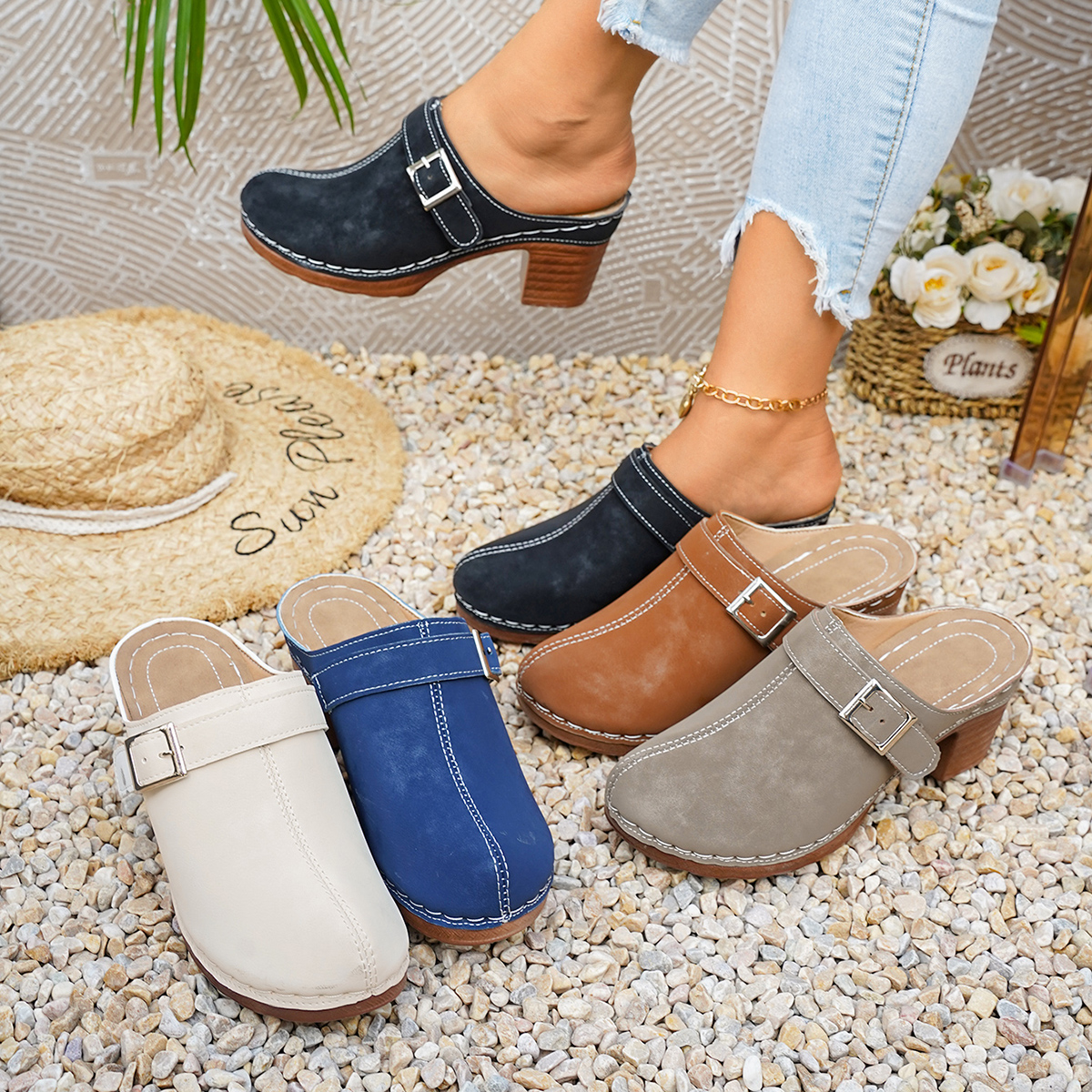 Vintage Old Fashion - Women Mules Slippers High Chunky Block