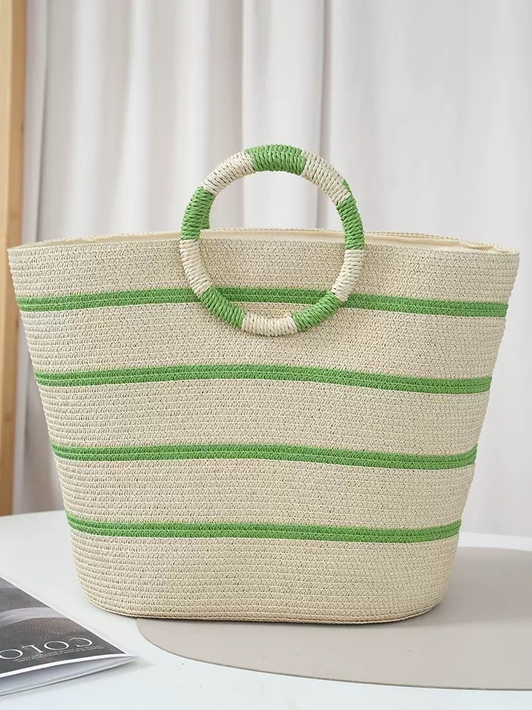 Vintage Fashion Rings - striped Tote grass woven bag seaside