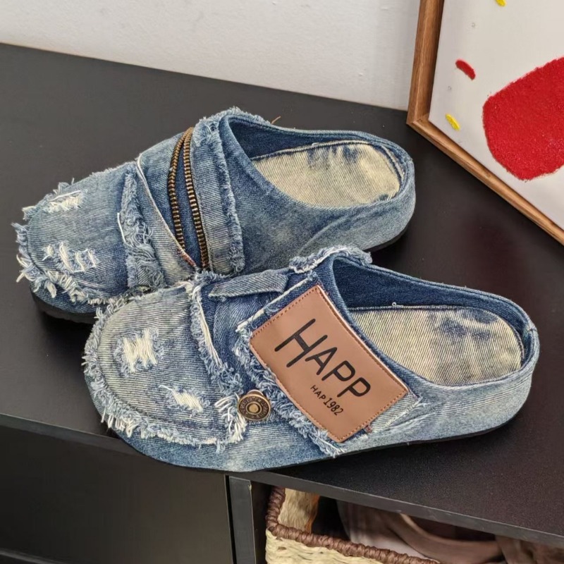 Washed Denim Metal Toe Flat He - Vintage Old Fashion ulasan dan harga